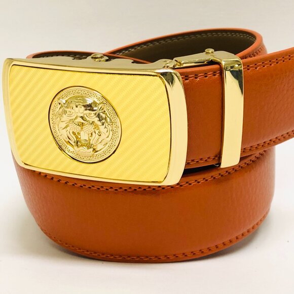 Automatic Designer Buckle Men's Orange Ratchet Genuine‎ Leather Belt Dress Jeans - Picture 2 of 3